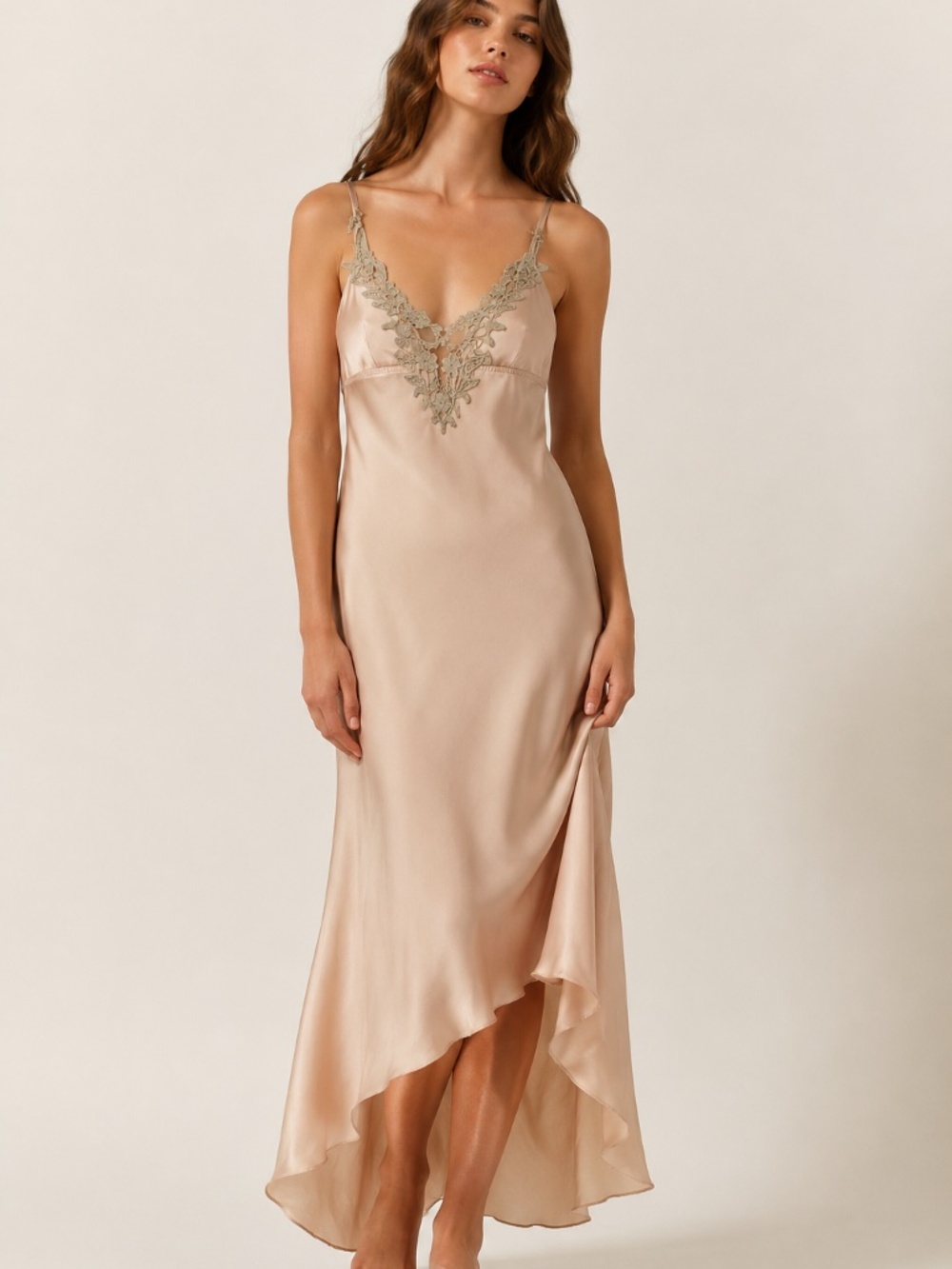 Flora Nikrooz Champagne Satin Lace Chemise Nightgown – Size M